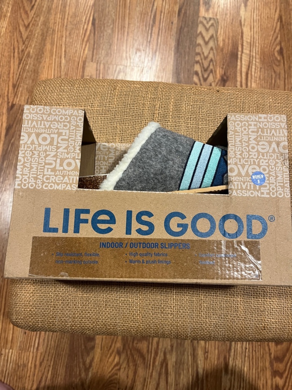 Life Is Good Gray Felt Slippers with Teal Stripe Accents